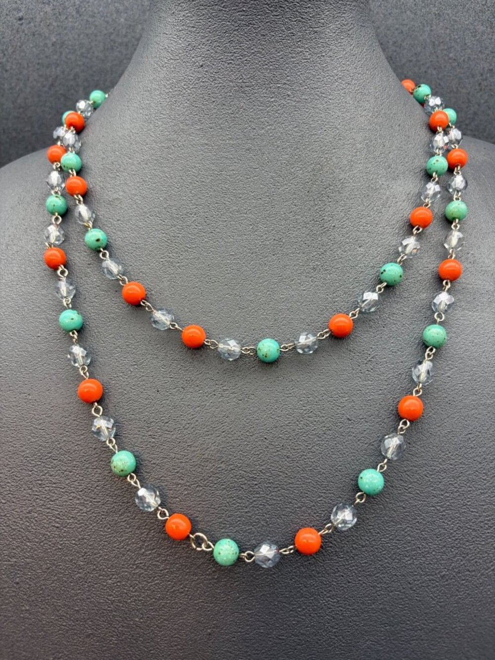 Long Beaded Necklace 56 In Silver Chain Orange Speckled Turquoise Clear Layer